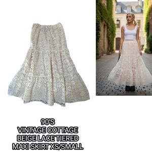 90s Vintage Cottage Lace Tiered Maxi Skirt Beige‎ XS Small #17